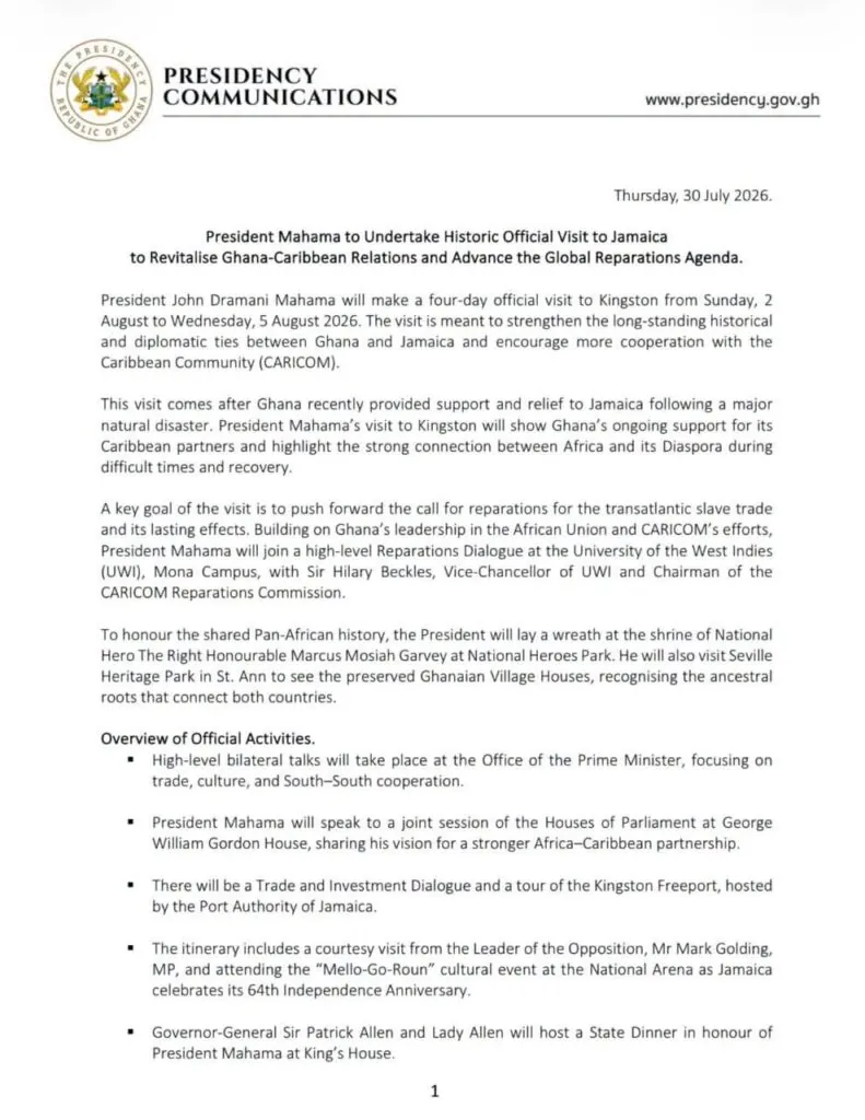 Mahama heads to Jamaica to deepen Ghana-Caribbean ties and push reparations agenda