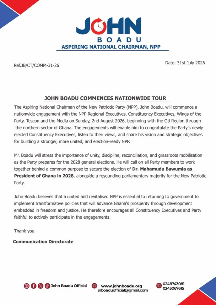 John Boadu begins nationwide NPP tour to rally support for 2028 election bid