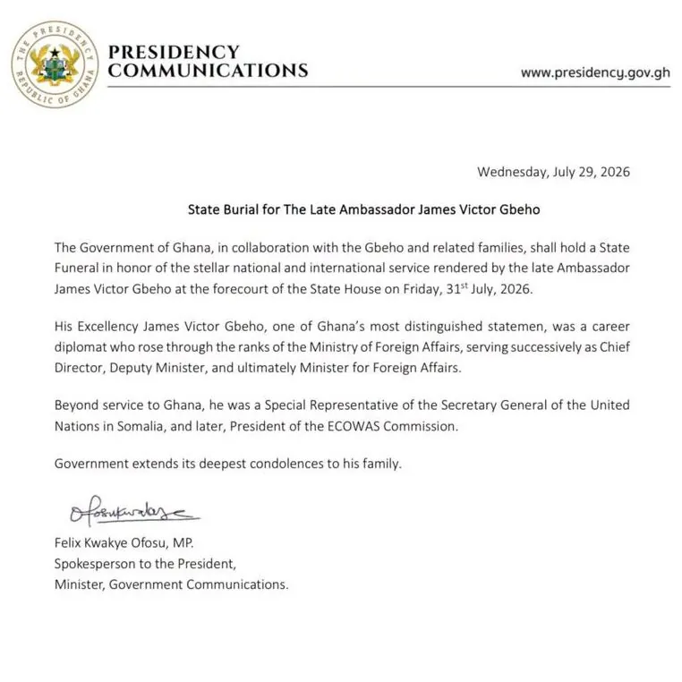 State burial for James Victor Gbeho comes off on July 31