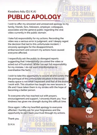 Kessben FM yanks DJ K.A. ‘off air’ over intimate video circulated online; Investigation underway