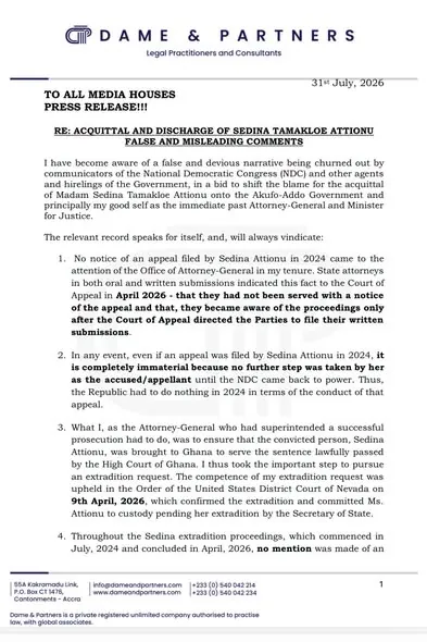 Godfred Dame rejects blame over Sedina Attionu acquittal, accuses gov’t of political diversion