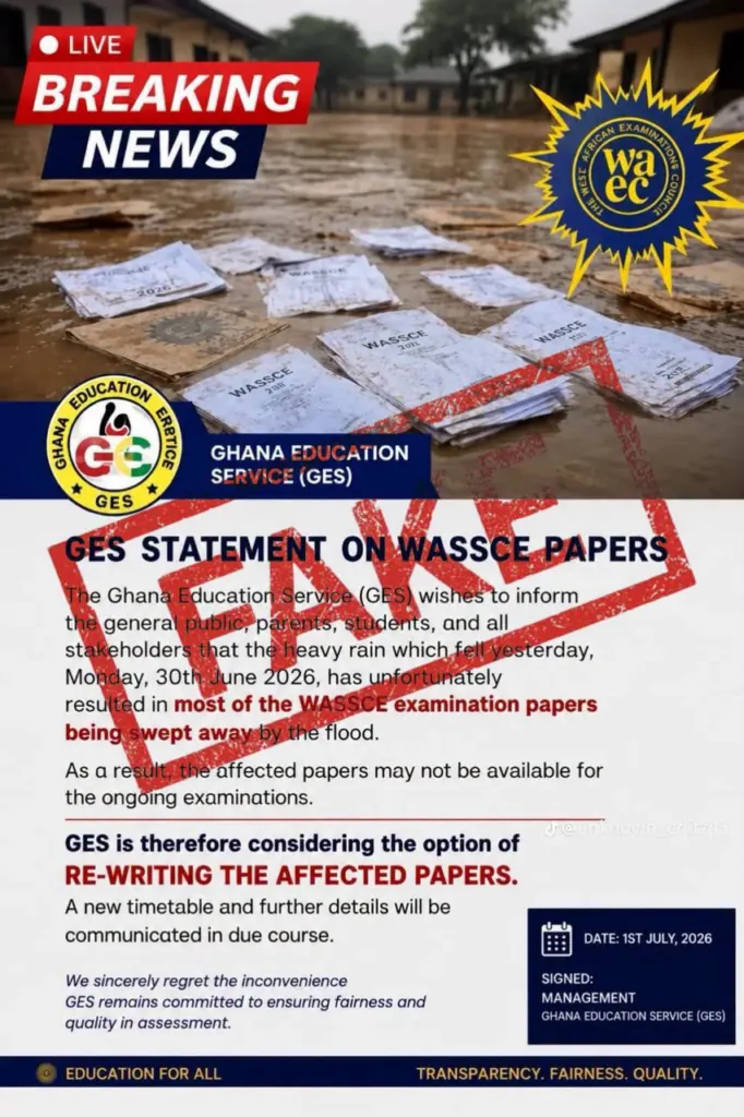 GES debunks viral claim that floodwaters destroyed WASSCE papers