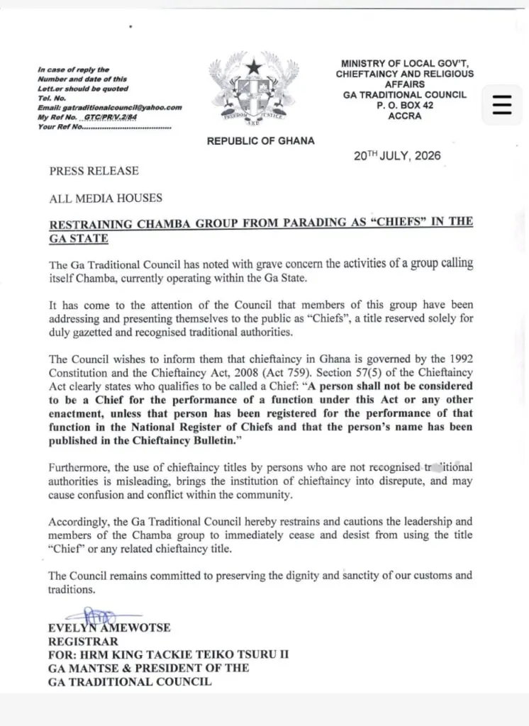 Stop presenting yourselves as chiefs, Ga Traditional Council tells Chamba group