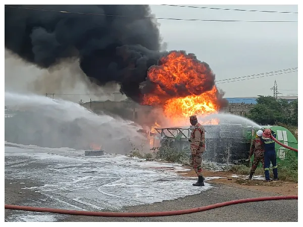 Fuel tanker catches fire at Kpone Barrier, firefighter injured