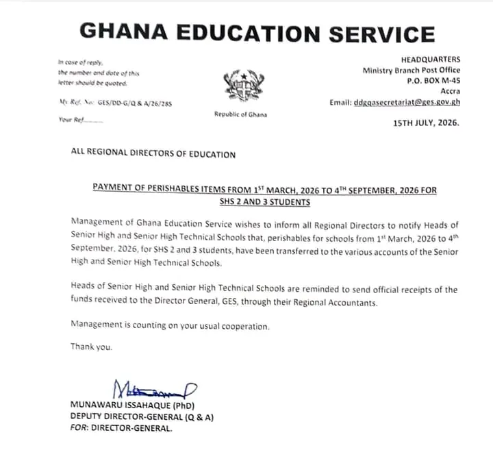 GES releases funds to SHSs for perishable food items