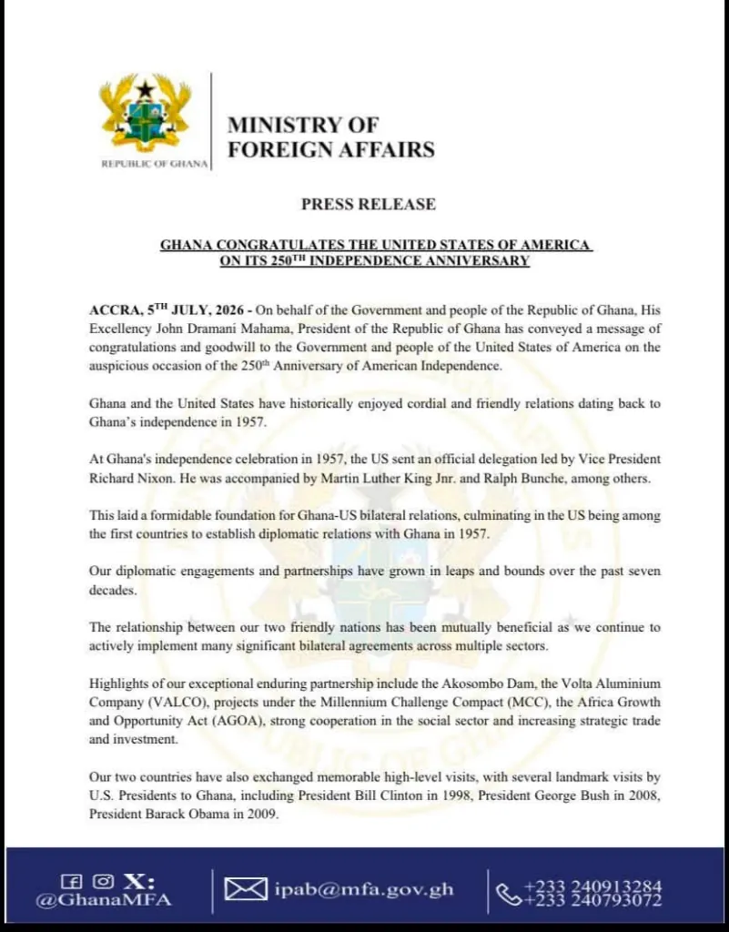 President Mahama celebrates US on 250th Independence anniversary, reaffirms strong Ghana-US ties