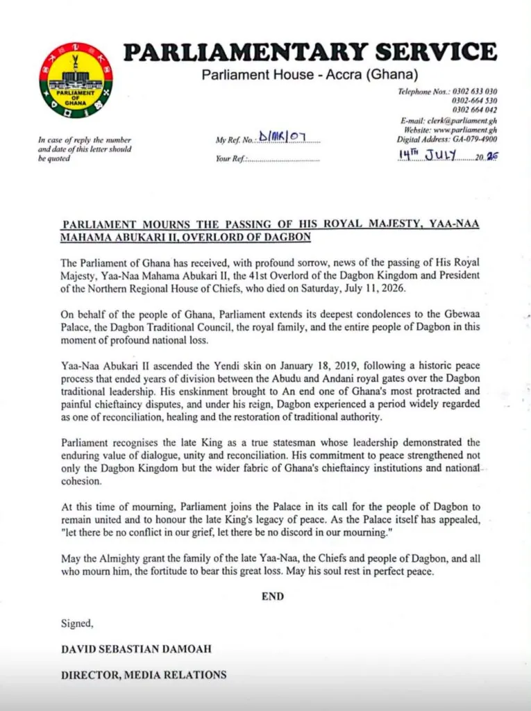 Parliament mourns Yaa-Naa Mahama Abukari II, commends his legacy of reconciliation