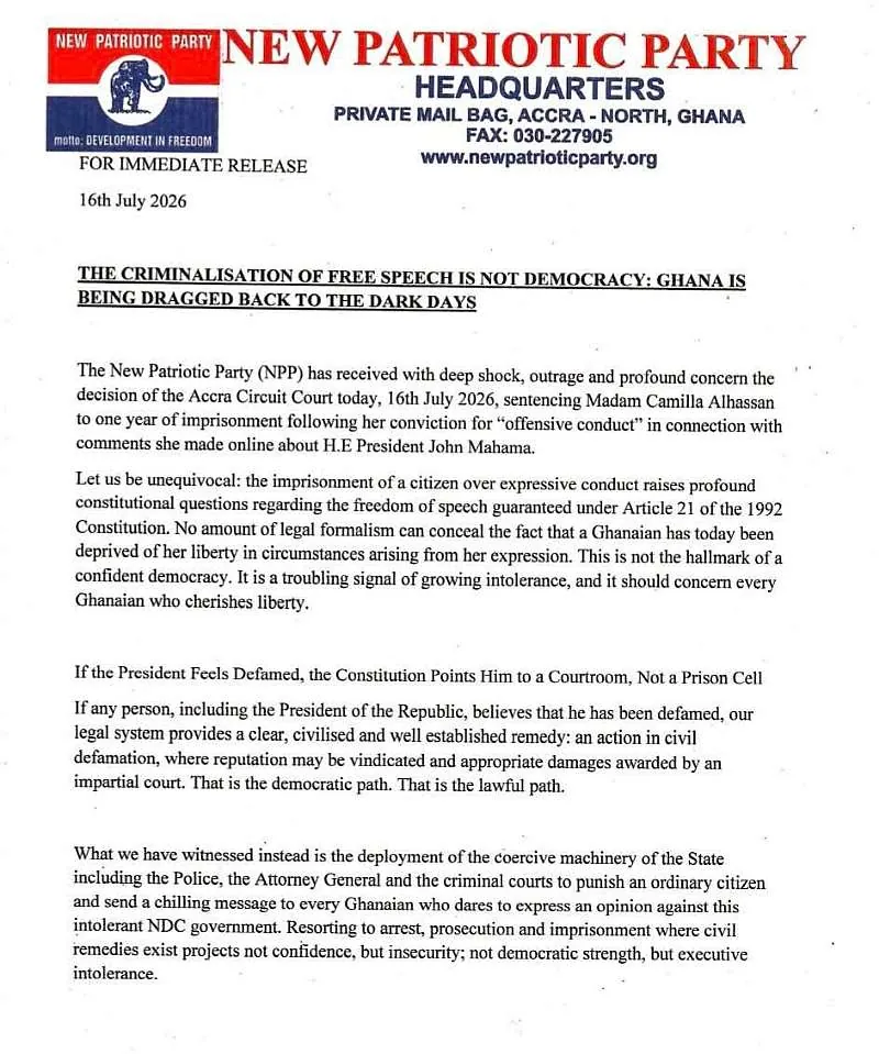 NPP pledges to support TikToker Camilla Alhassan’s jail term appeal