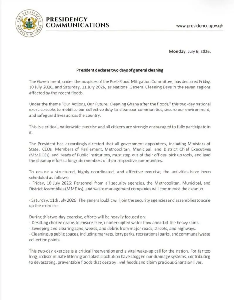 Mahama declares July 10–11 National General Cleaning Days in flood-affected regions