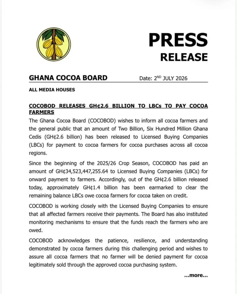 GH¢34.5bn paid out in cocoa purchases as COCOBOD injects more cash