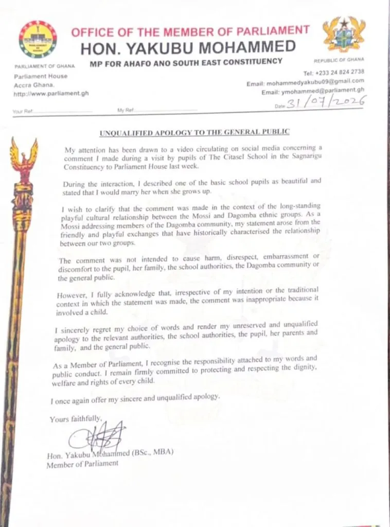 Ahafo Ano South East MP apologises for ‘I’ll marry you’ comment to schoolgirl