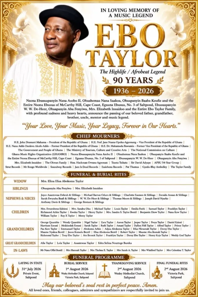 Ebo Taylor’s funeral set for August 1 as family announces final rites