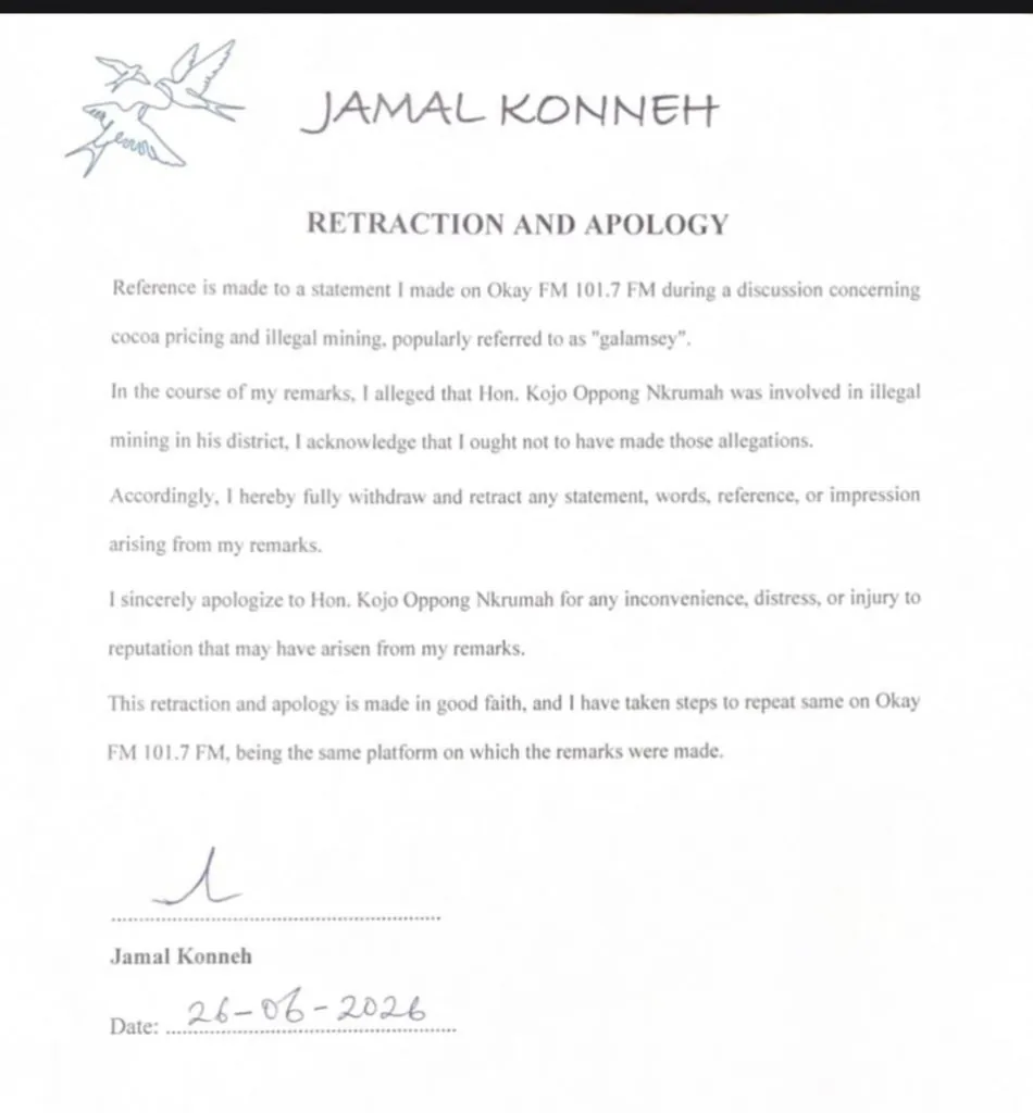 Baba Jamal Konneh retracts galamsey claims, apologises to Oppong Nkrumah after GH¢30m defamation suit