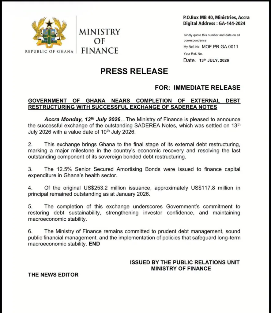 Ghana completes SADEREA Notes exchange as external debt restructuring nears completion