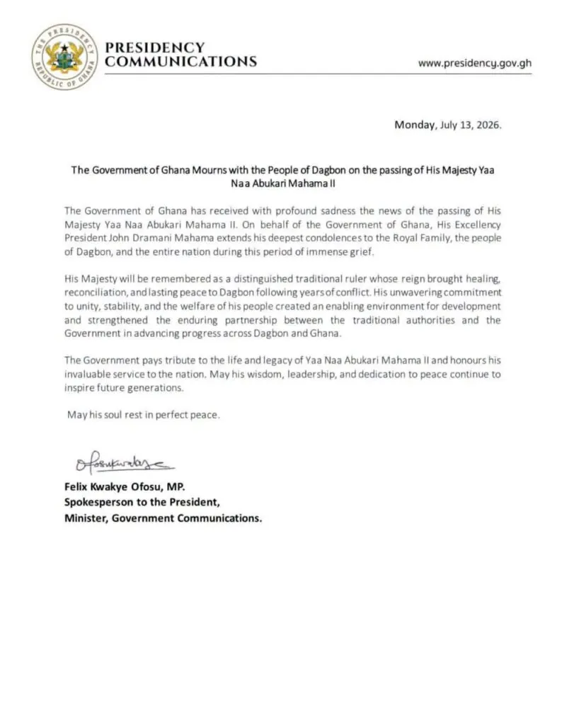 Government mourns Ya-Na Abukari Mahama II, praises his role in Dagbon peace efforts