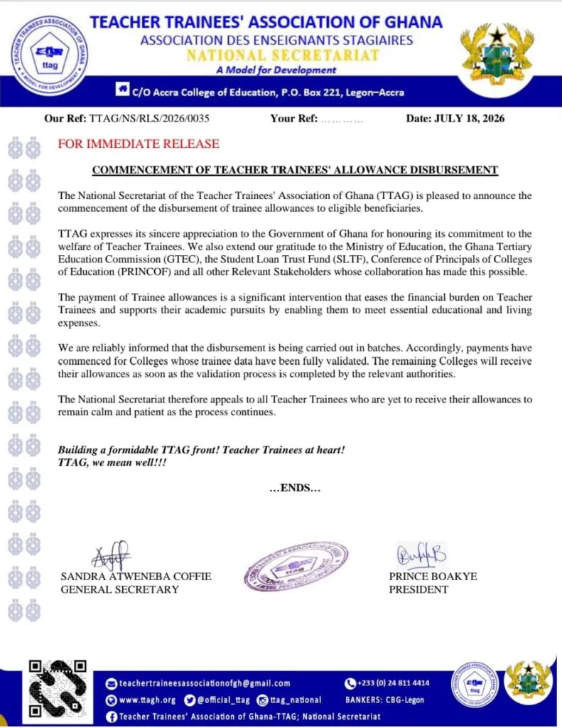 Disbursement of teacher trainee allowances begins – TTAG