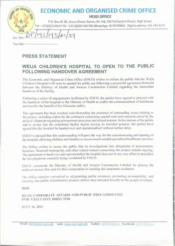 Weija Children’s Hospital to open soon as EOCO brokers handover agreement