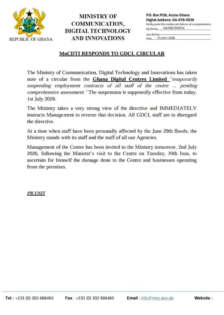 Communications Ministry orders Ghana Digital Centres to reverse staff suspension after floods