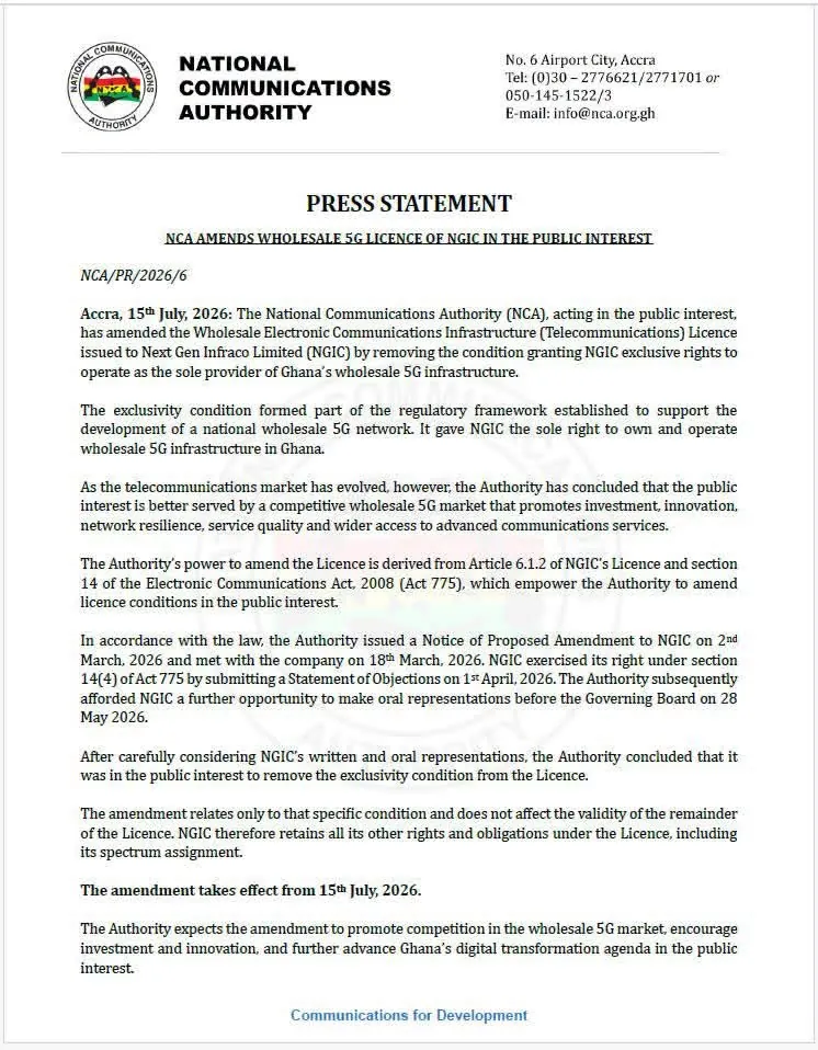 NCA removes NGIC’s exclusive rights over Ghana’s wholesale 5G infrastructure