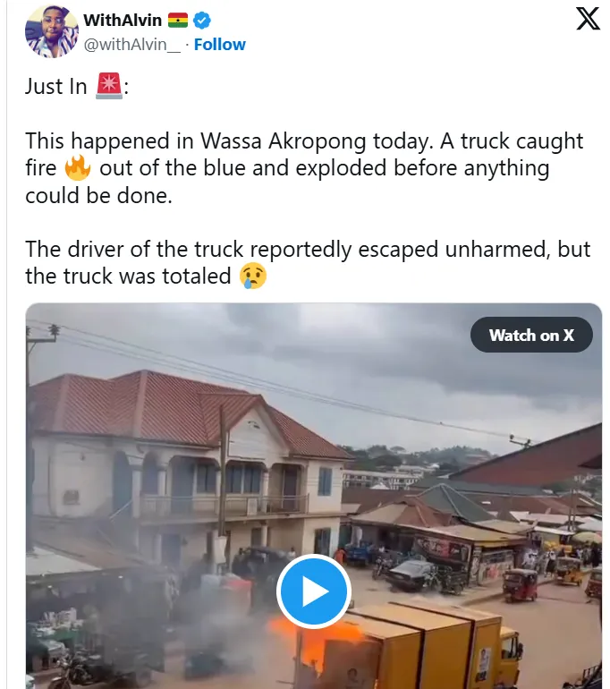 Truck bursts into flames at Wassa Akropong; driver escapes unhurt