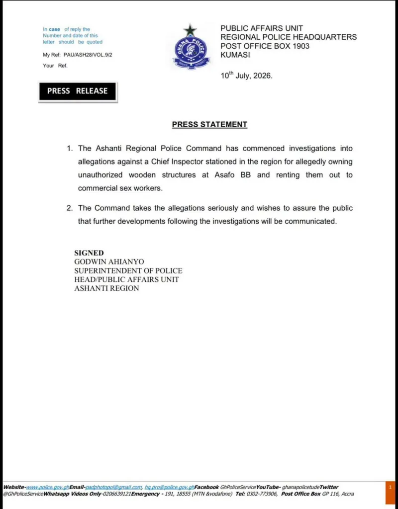 Police investigate Chief Inspector over alleged rental of illegal structures to sex workers in Kumasi