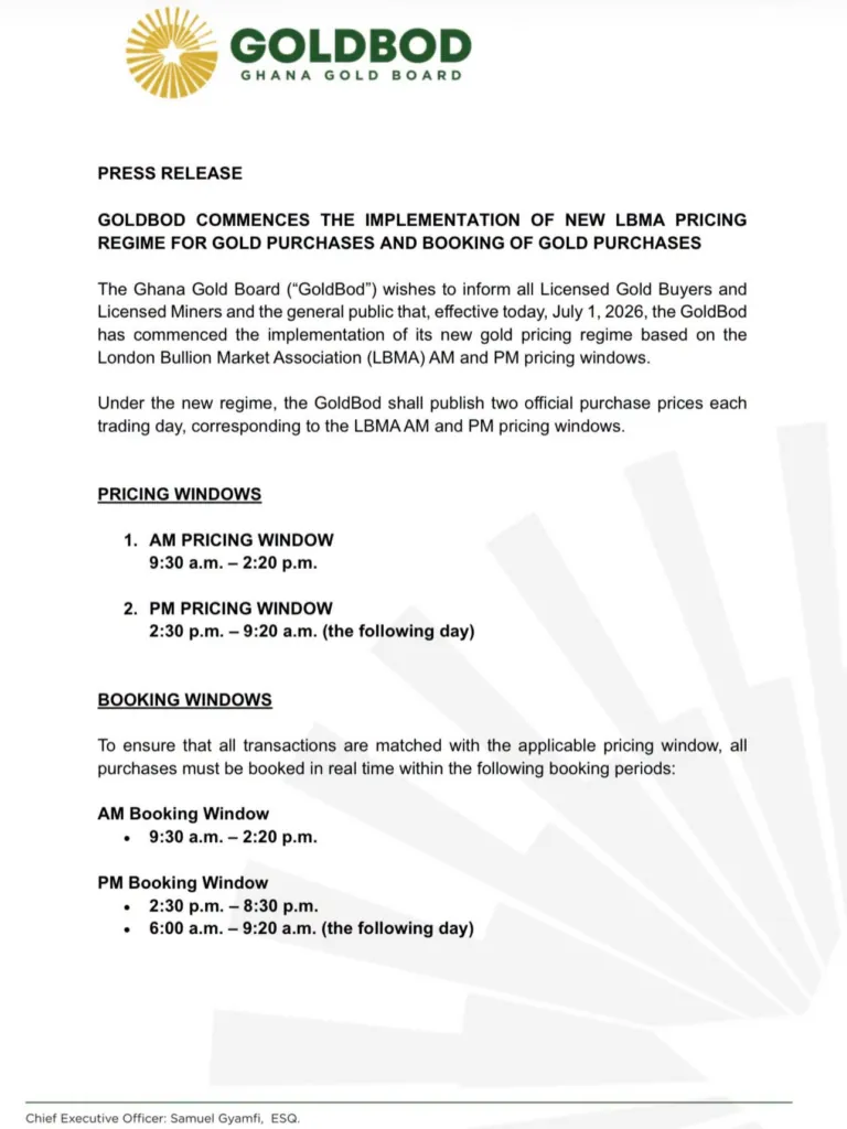GoldBod introduces dual daily pricing system for gold trading in Ghana