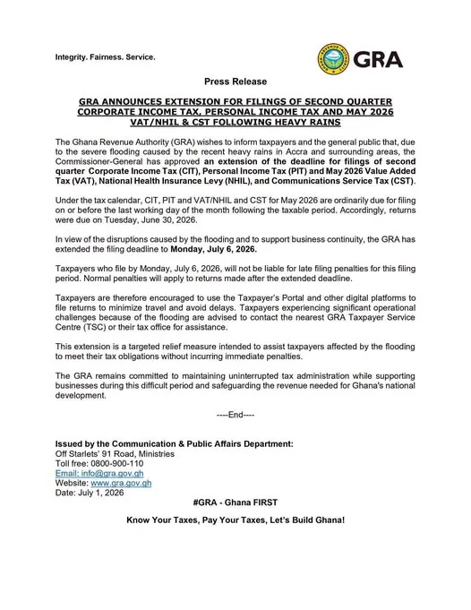 GRA extends tax filing deadline to July 6 over flood disruptions