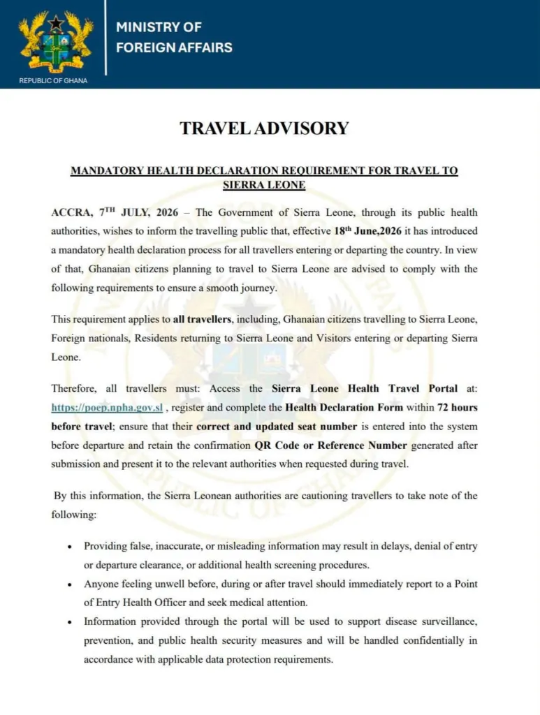 Sierra Leone introduces mandatory online health declaration for all travellers