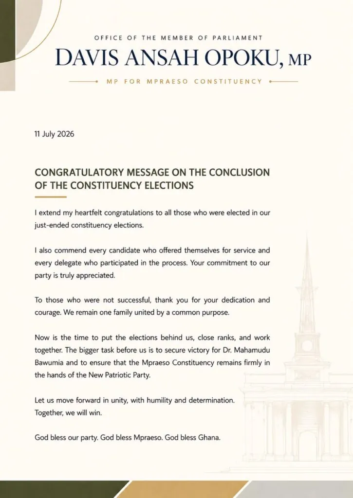 Davis Ansah Opoku congratulates newly elected NPP Mpraeso constituency executives