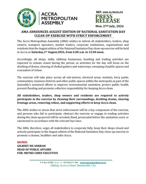 AMA announces August National Sanitation Day exercise, orders temporary closure of businesses