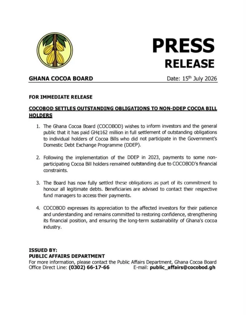 COCOBOD settles GH¢162 million owed to Cocoa Bill holders
