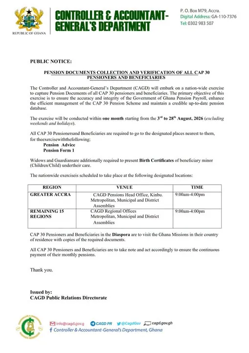 CAGD to begin nationwide verification exercise for CAP 30 pensioners in August