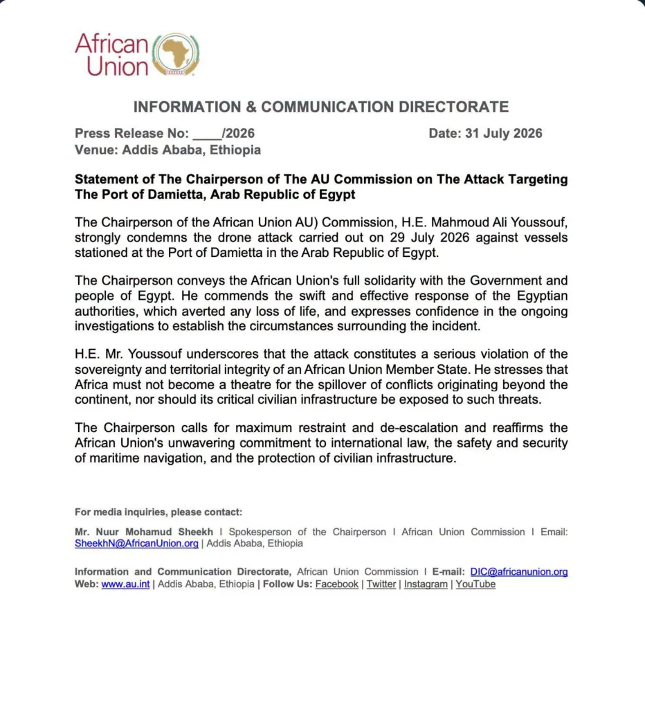 African Union condemns drone attack on Egypt’s Port of Damietta