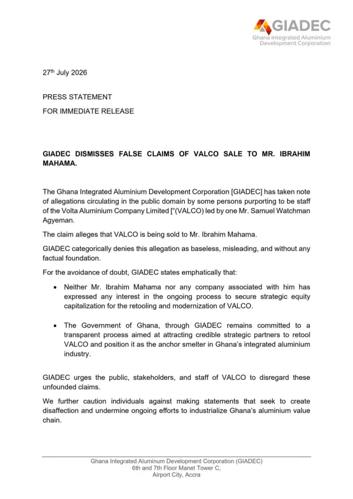 GIADEC dismisses reports linking Ibrahim Mahama to VALCO acquisition