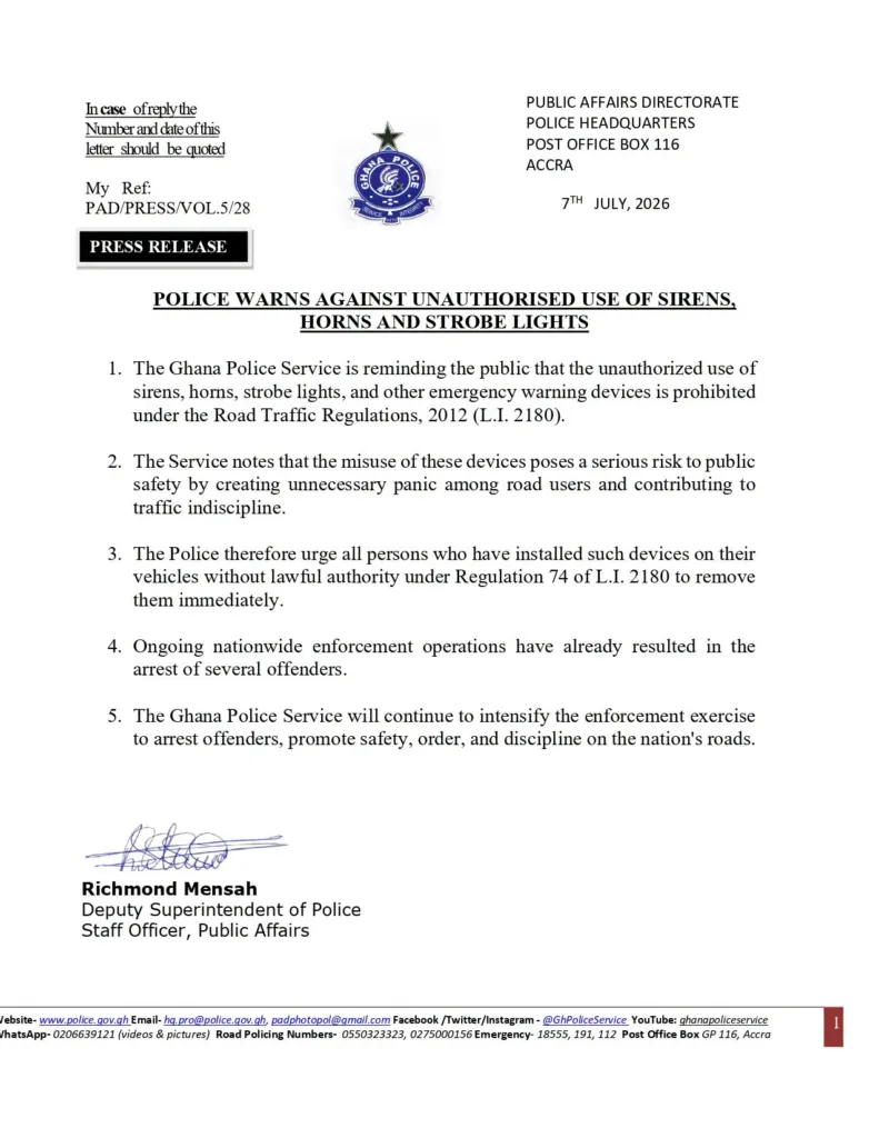 Police warn against unauthorised use of sirens, horns and strobe lights