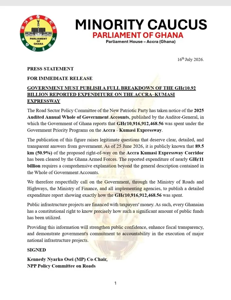 Minority demands breakdown of GH¢10.92bn expenditure on Accra-Kumasi Expressway