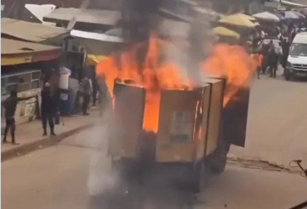 Watch moment moving truck bursts into flames at Wassa Akropong