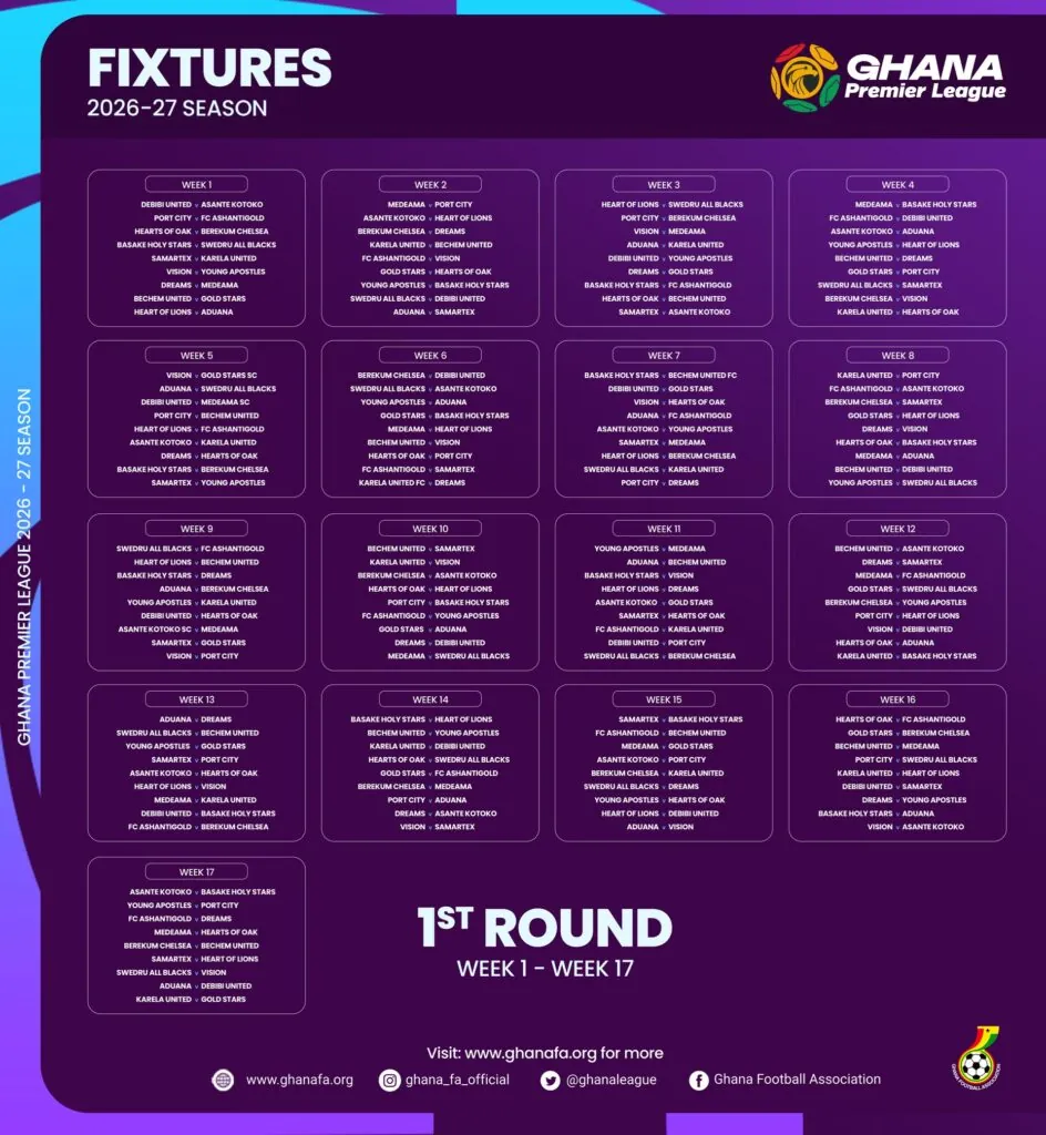 Ghana Premier League 2026-27 season fixtures released