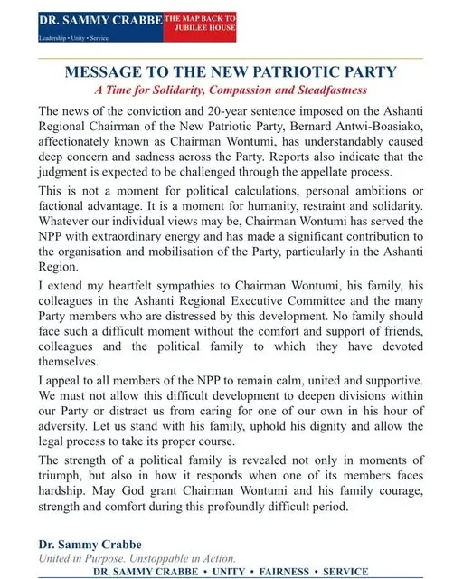 Sammy Crabbe urges NPP unity as Chairman Wontumi faces 20-year jail term