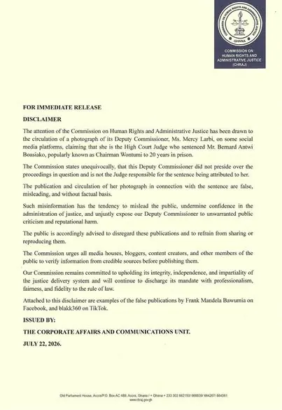 CHRAJ denies claims Deputy Commissioner sentenced Chairman Wontumi