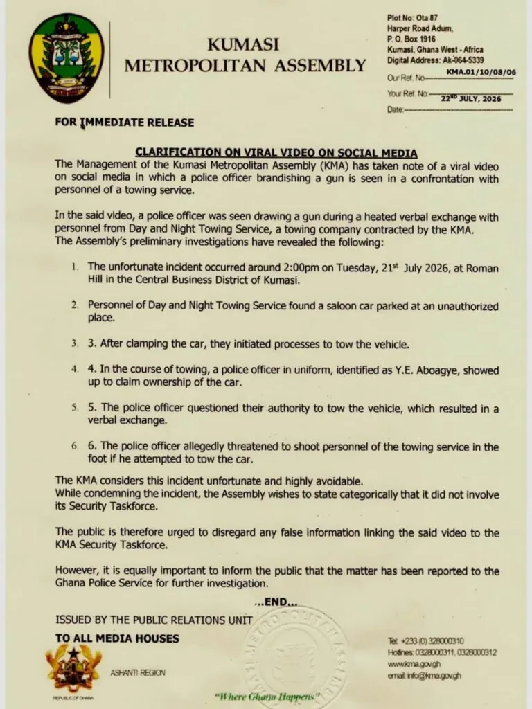 KMA reports police officer over alleged gun threat during vehicle towing operation