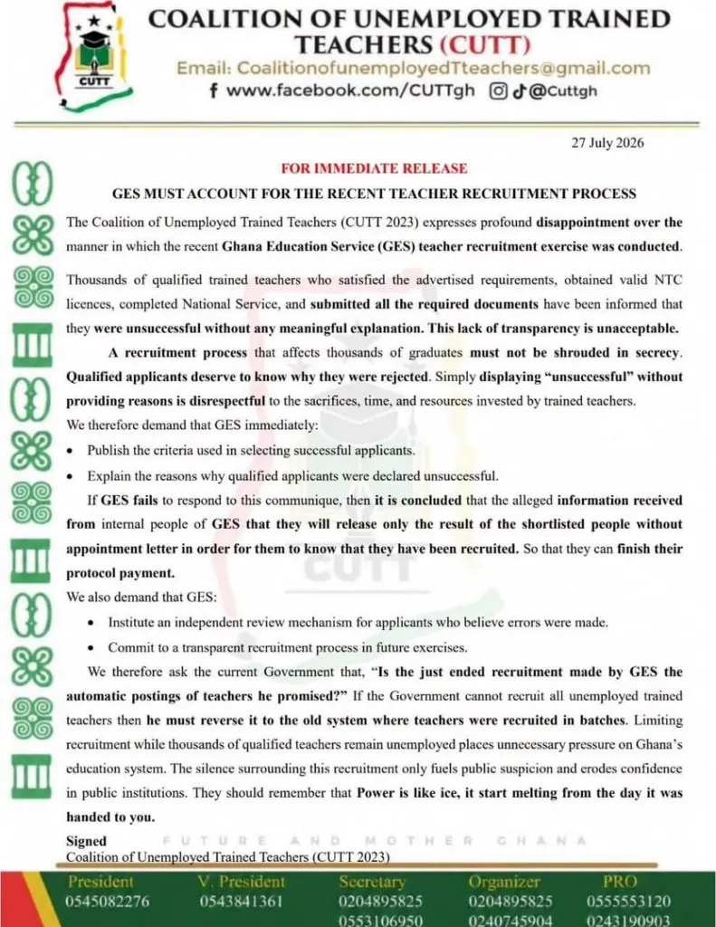 CUTT demands transparency over GES teacher recruitment