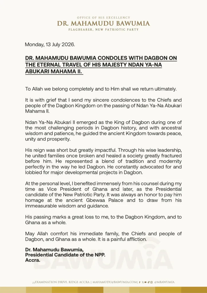 Bawumia mourns Ya-Na Abukari Mahama II, describes his passing as a great loss to Ghana