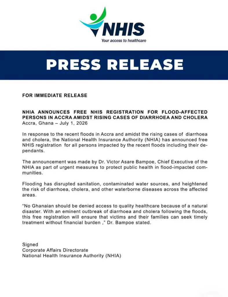 Flood victims in Accra to receive free NHIS registration as health authorities warn of disease risk