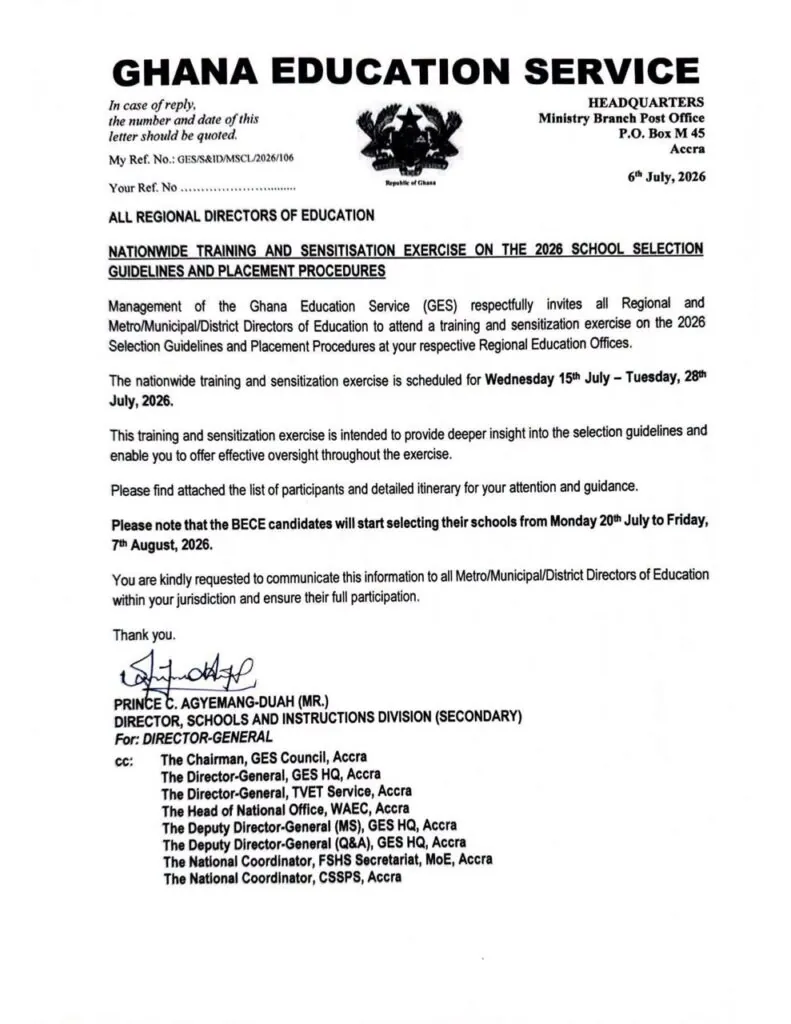 GES announces July 20 to August 7 for 2026 BECE school selection