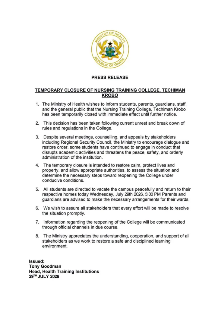 Ministry of Health temporarily closes Techiman Krobo Nursing Training College over student unrest
